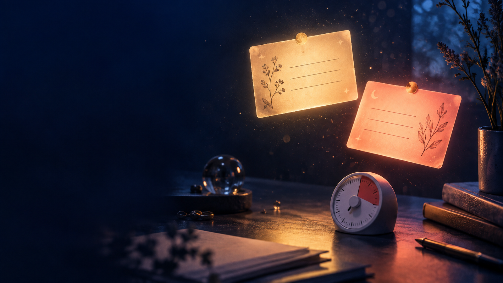 I Was Just — Two Things Until They Are Done Two softly illuminated reminder cards on a dark desk